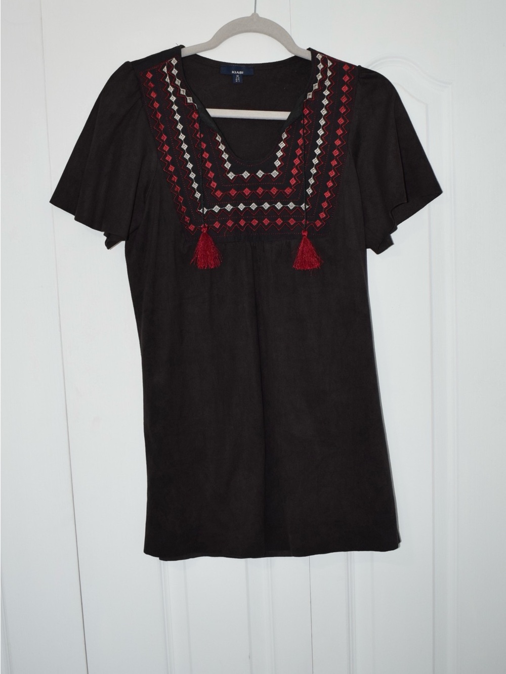 Embroidered Black Short Sleeve Tunic or Dress with Red Tassels